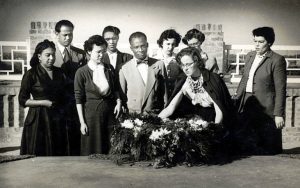 Eleanor Zelliot on first trip to India in 1952, laying a wreath to honor Dr. B. R. Ambedkar